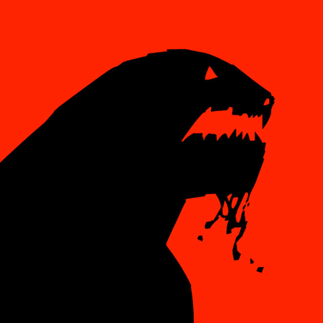 black silhouette headshot of a monster baring its teeth and slobbering over a warm, saturated, solid orange background